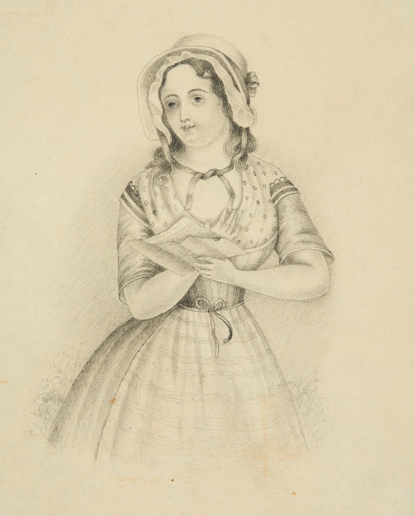 1800-luvun lyijykynäpiirroksessa nainen pitelee kädessään kirjettä ja toista kättään sydämellään