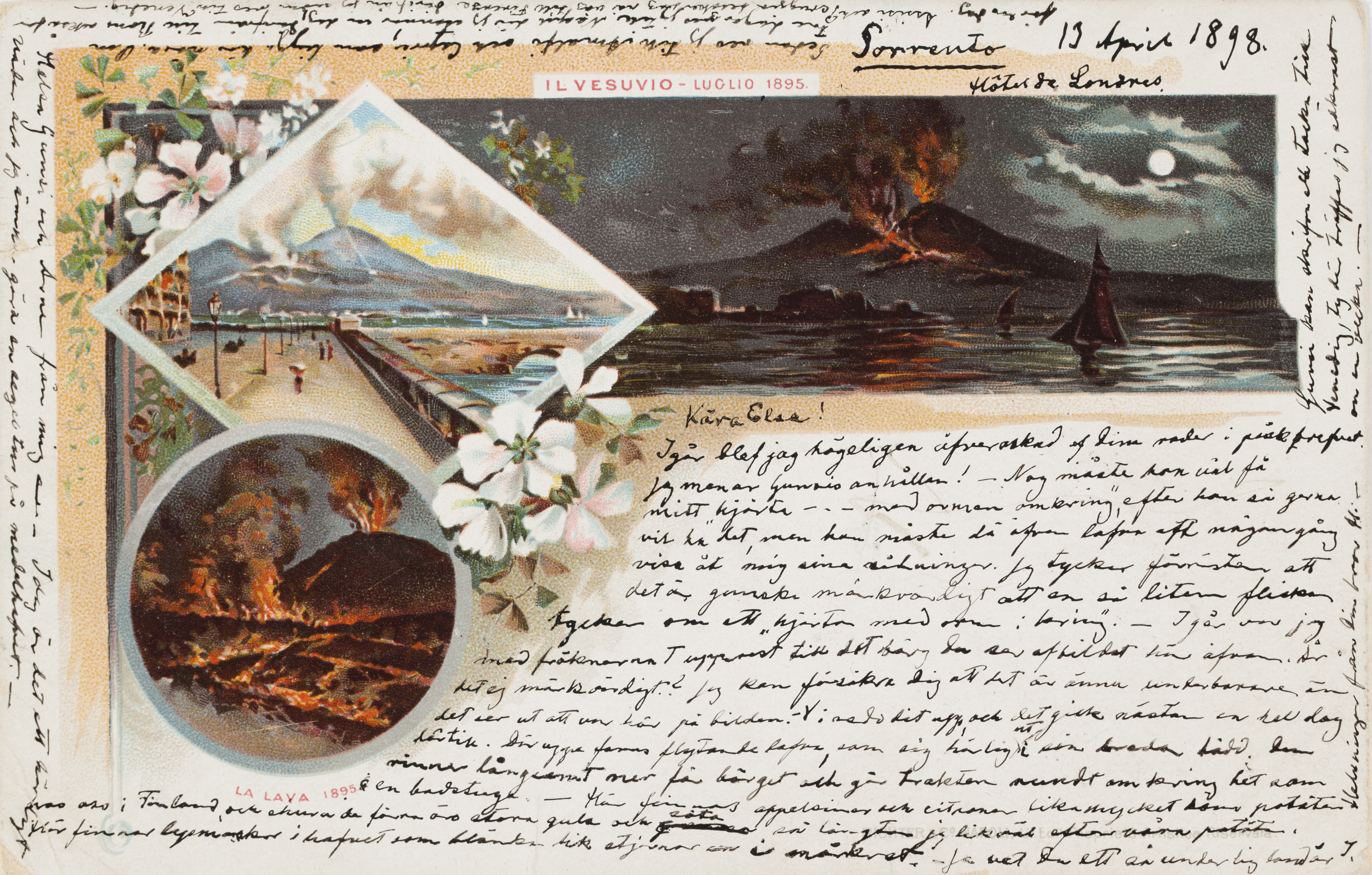 käsin mustekynällä ja ruotsin kielellä kirjoitetun kirjeen ylälaidassa on tekstin lisäksi kirjepaperiin painettuja kuvia tulta ja höyryä syöksevästä Vesuviuksesta öisellä Napolinlahdella